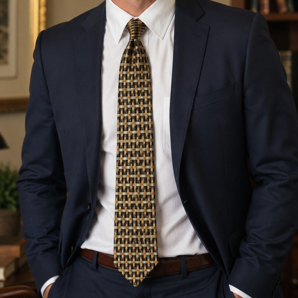 Domani Men's Silk Tie Gold Green Black Basketweave Geometric Woven